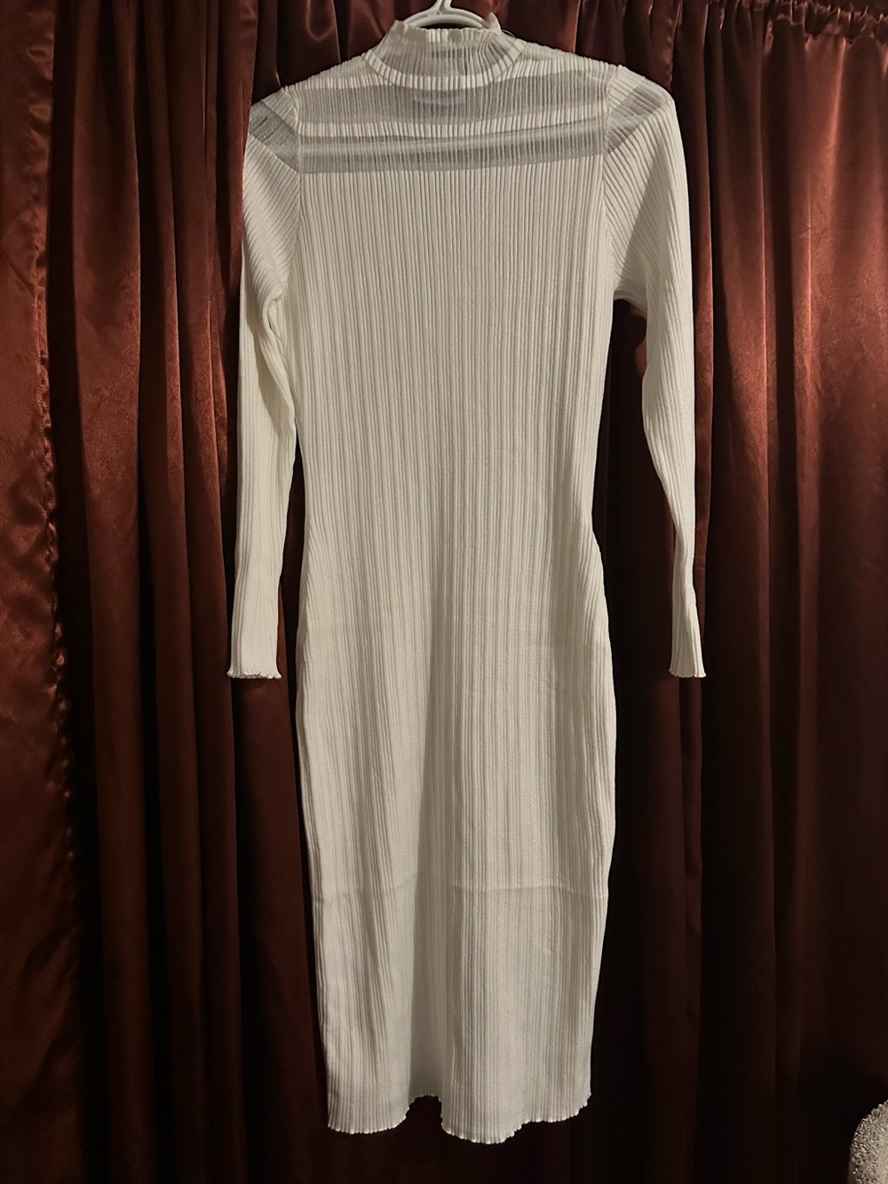 NINA LEONARD White Ribbed Long-Sleeve Midi Dress